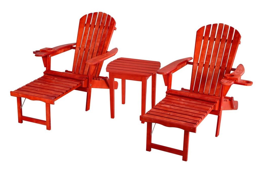 Oceanic Collection Outdoor Bistro Adirondack Chaise Lounge Foldable Chair Set with Cup & Glass Holder & Built in Ottoman, Red - Wood - 3 Piece -  Bold Fontier, BO3280153