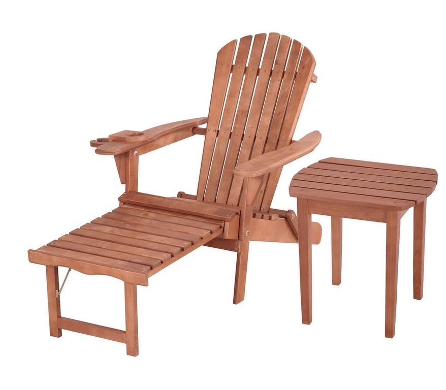 Oceanic Adirondack Chaise Lounge Chair Foldable with Built-in Ottoman & End Table Set, Nogal