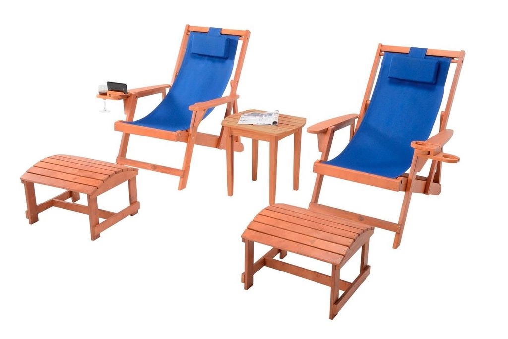 Romantic Collection Canvas Sling Chair with Cup and Wine Holder and Ottoman (Set of 5) - Walnut Frame Blue Cushion