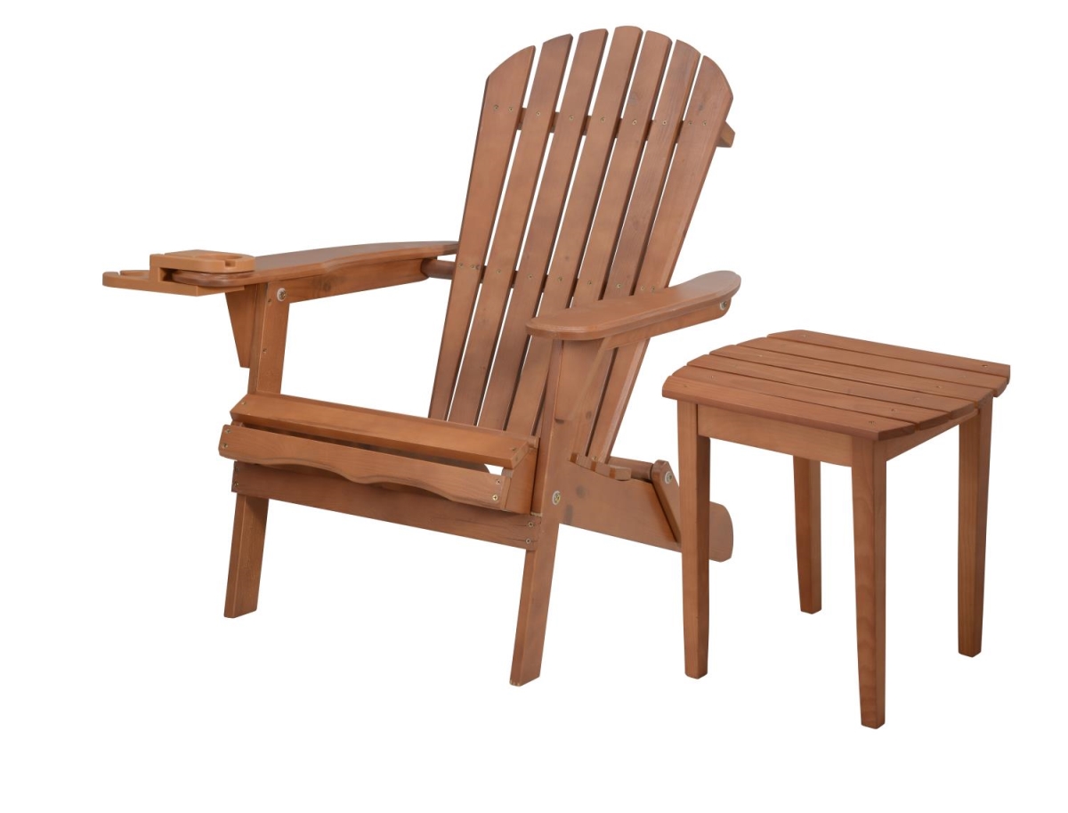 Foldable Adirondack Chair Set - Walnut - 35 x 32 x 28 in. - Includes Cup Holder & End Table