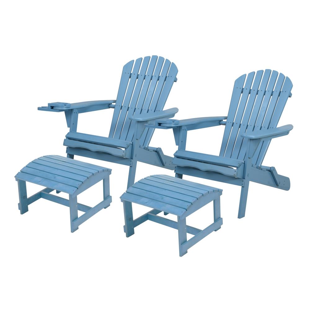 2 Foldable Adirondack Chair with Cup Holder with Ottoman, Sky Blue