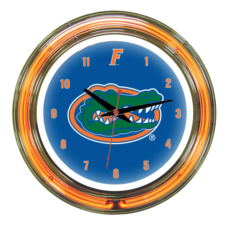 UFLNWC100-14 Florida 14 in. Neon Wall Clock, Blue Face & Orange Neon