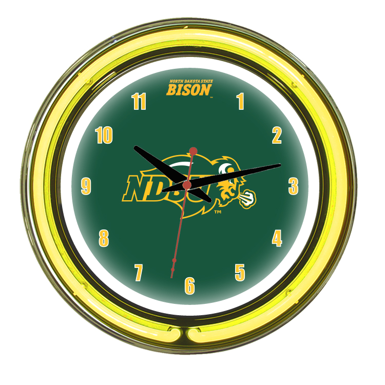 NDSNWC100-14 North Dakota State 14 in. Neon Wall Clock, Green & Yellow