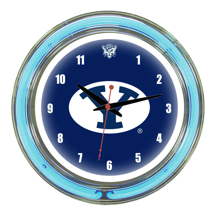 BYUNWC100-14 Brigham Young 14 in. Neon Wall Clock, Blue Face & Blue Neon