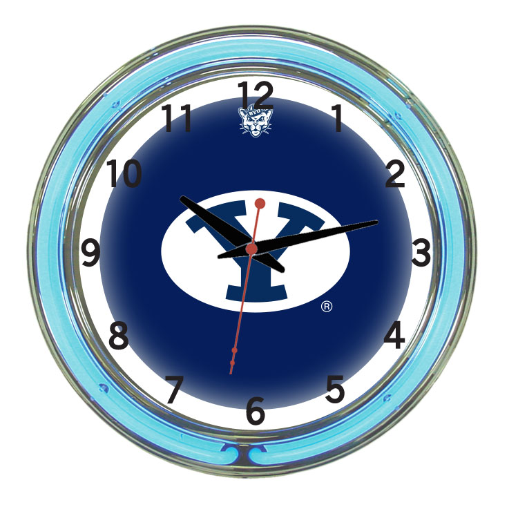 BYUNWC100-18 Brigham Young 18 in. Neon Wall Clock, Blue Face & Blue Neon