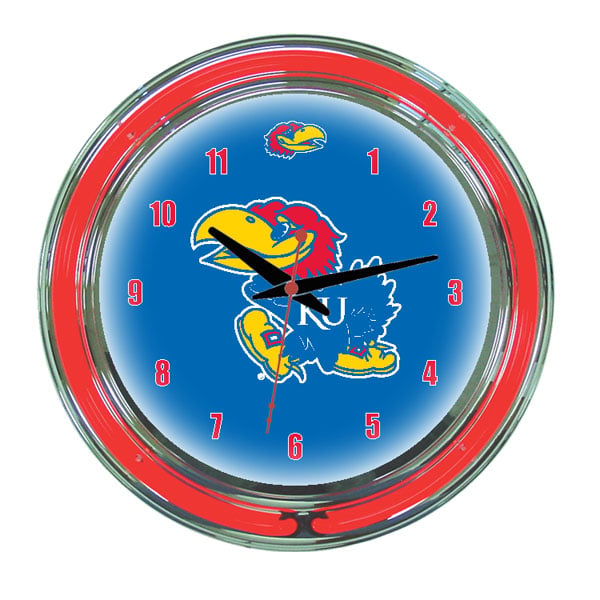 KANNWC100-14 Kansas 14 in. Neon Wall Clock, Blue Face & Red Neon
