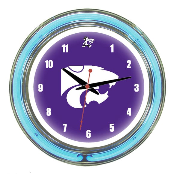 KSUNWC100-14 Kansas State 14 in. Neon Wall Clock, Purple Face & Blue Neon