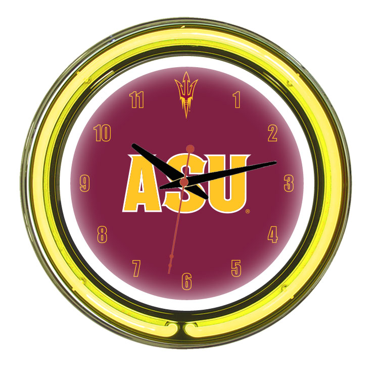 ASUNWC100-14 Arizona State 14 in. Neon Wall Clock, Maroon Face & Yellow Neon