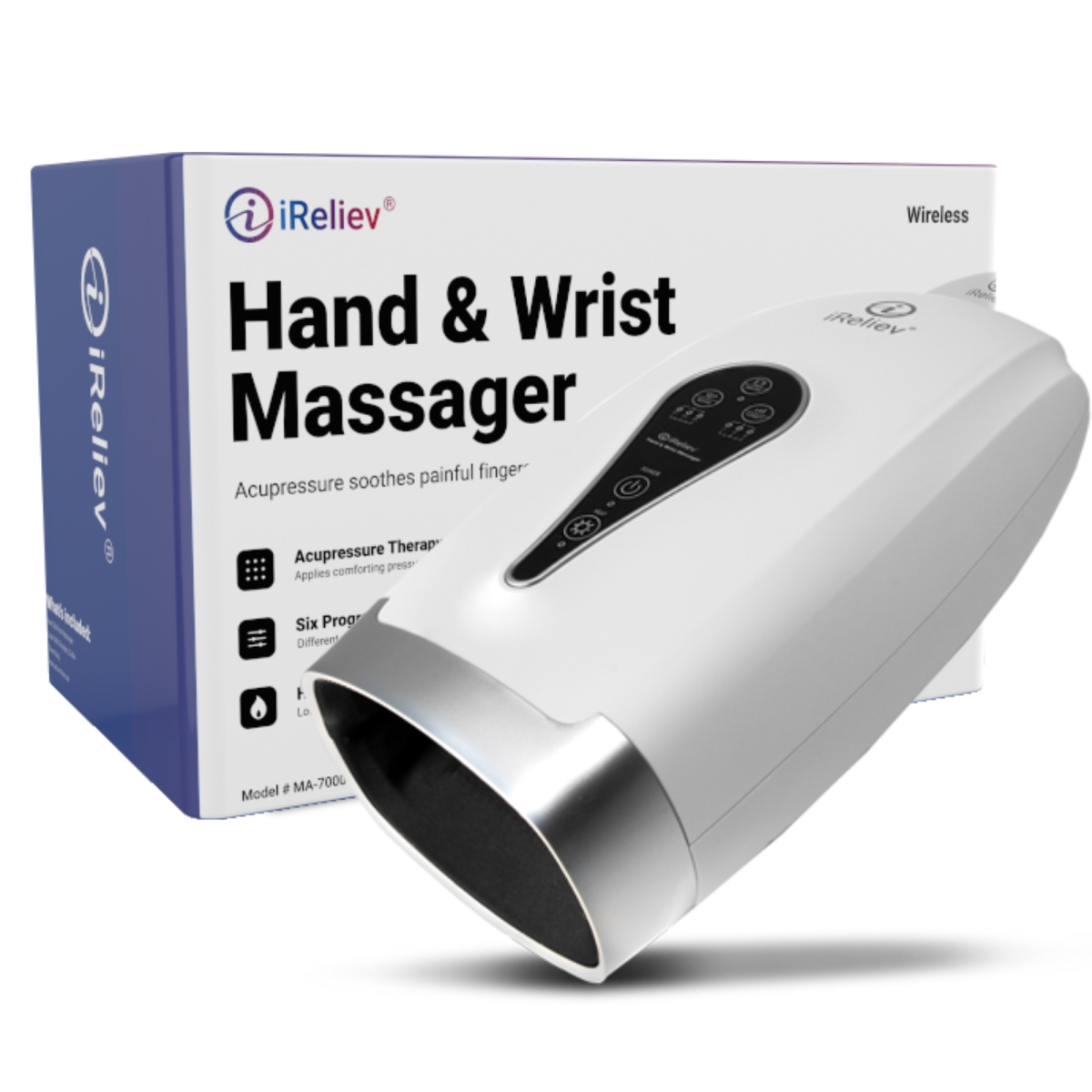 Picture of iReliev MA-7000-WH iReliev Hand & Wrist Massager&#44; Acupressure Compression&#44; Heat & Vibration