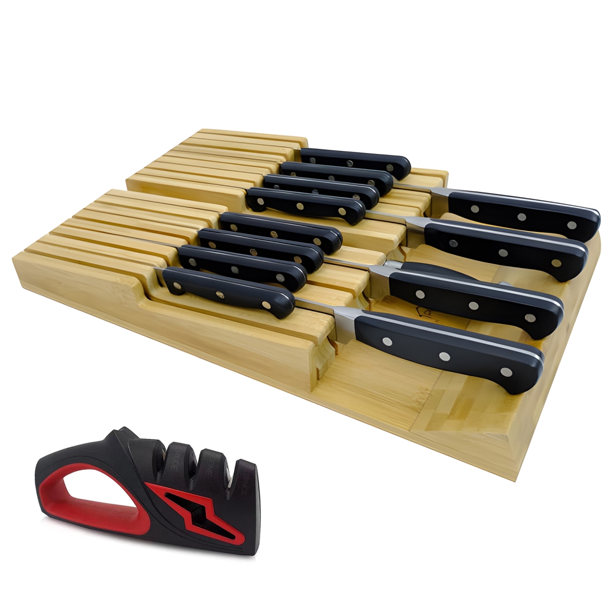 Picture of WOWMTN 48XH WOWMTN In-Drawer Bamboo Knife Block Organizer with Sharpener