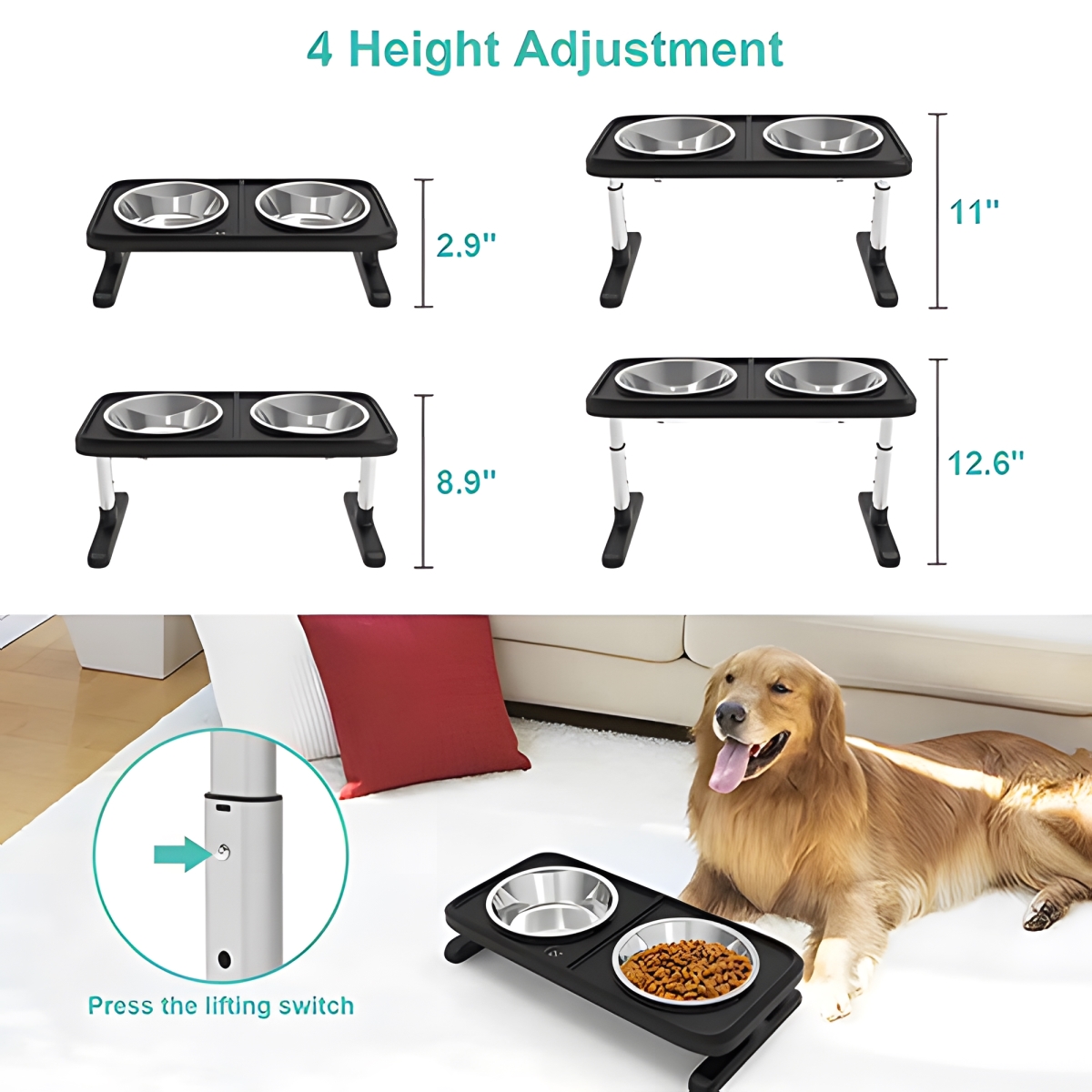 Picture of WOWMTN 93AZ WOWMTN Adjustable Height Raised Pet Stand Feeder with 2 Stainless Steel Bowls
