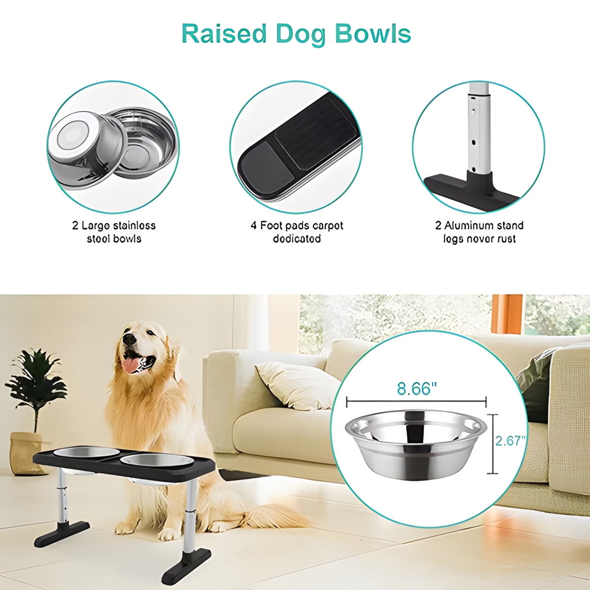 Picture of WOWMTN 93AZ WOWMTN Adjustable Height Raised Pet Stand Feeder with 2 Stainless Steel Bowls