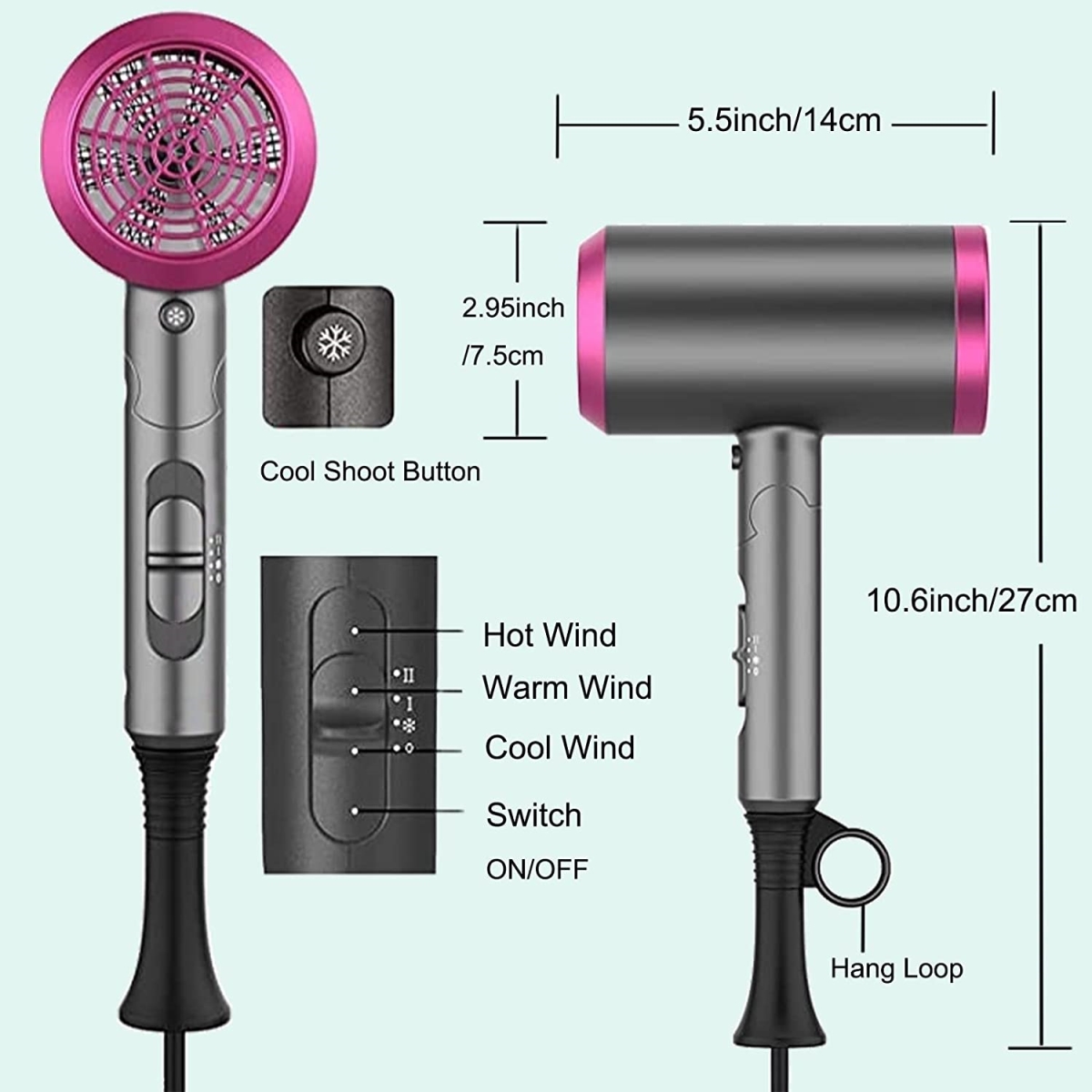Picture of wowmtn JBS3 Professional 1800W Ionic Hair Blow Dryer with Attachments