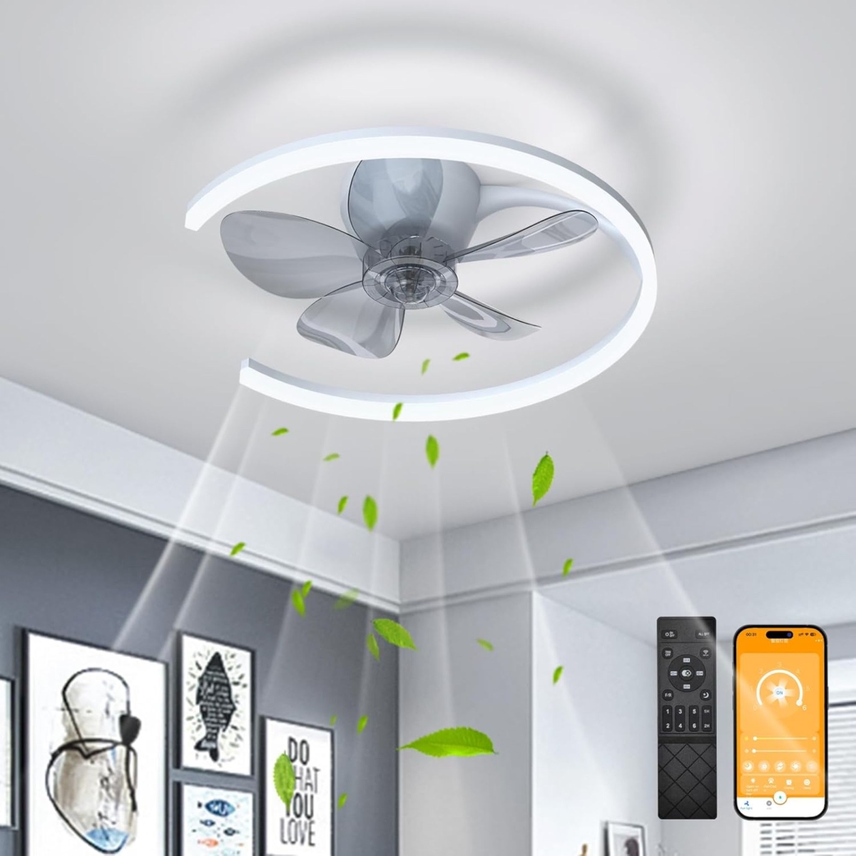 8263_1 20' Ceiling Fans with Lights App & Remote Control (Single Arm)