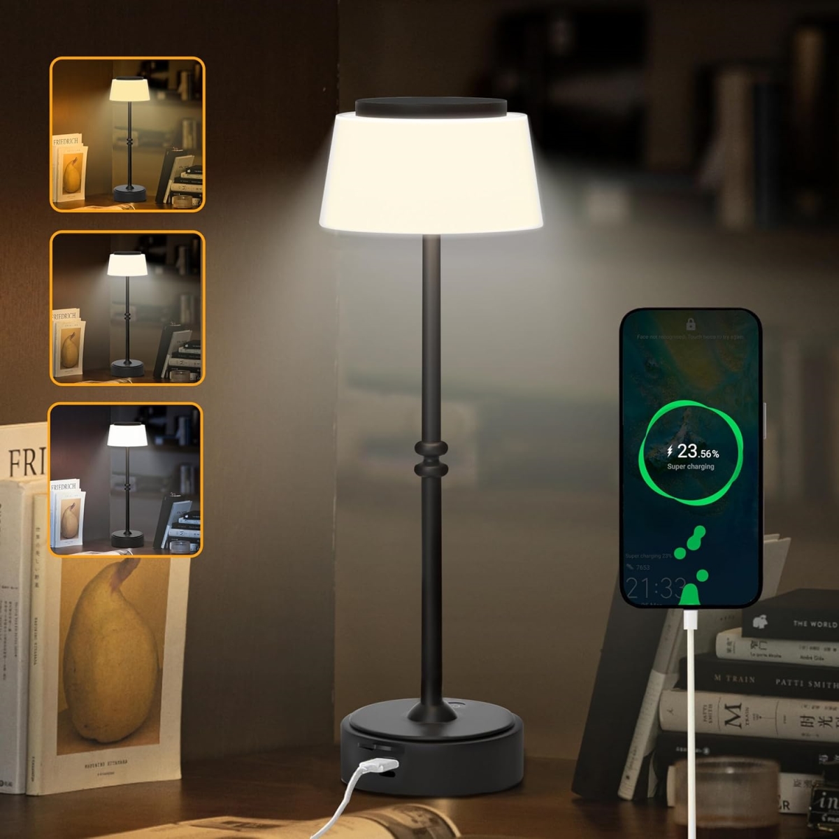 BLB3 FLORNIA Cordless Table Lamp, Dimmable LED Lamp with 4400mAh Battery & USB Port