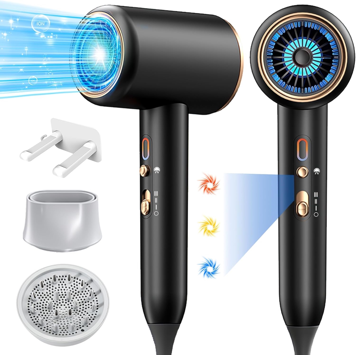 CYHD 1875W Ionic Hair Dryer w/ Diffuser & Concentrator, 2 Heat & 3 Speed Settings, Black