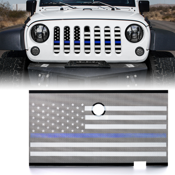 ZS-0001-FLAG-G2B Mesh Grille Insert with Law Enforcement Blue Stripe & Hood Lock Hole for JK 2007-2018 Jeep Wrangler Stock Grille