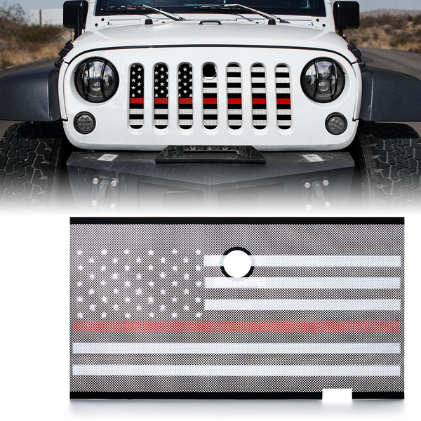 Mesh Grille Insert with Firefighter Red Stripe & Hood Lock Hole for JK 2007-2018 Jeep Wrangler Stock Grille