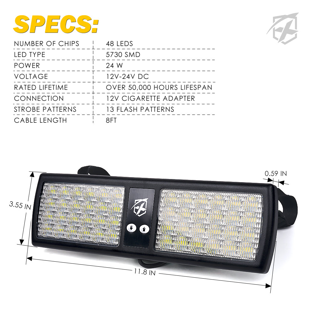 White & Amber Windshield Visor 48 LED Strobe Lights, Decoy Series