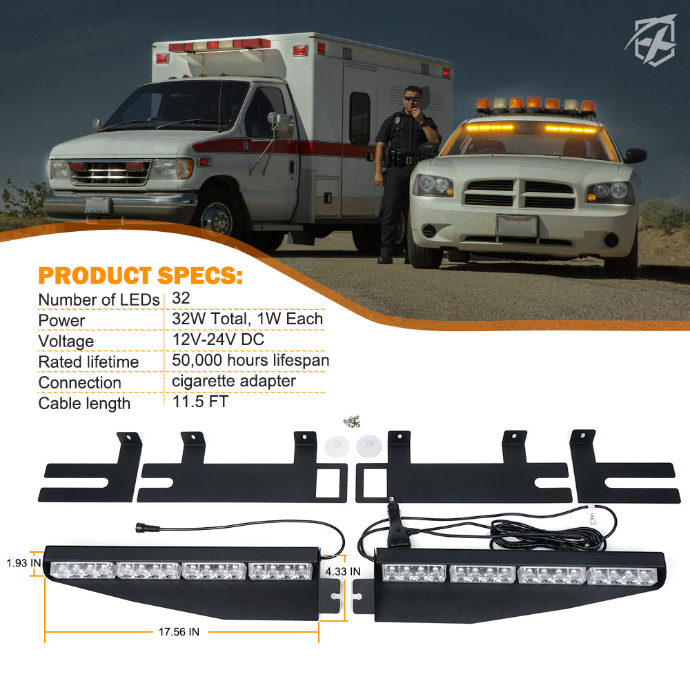 YL-145-WB 20 in. White & Blue Dual LED Visor Windshield Strobe Lights, Elite Series