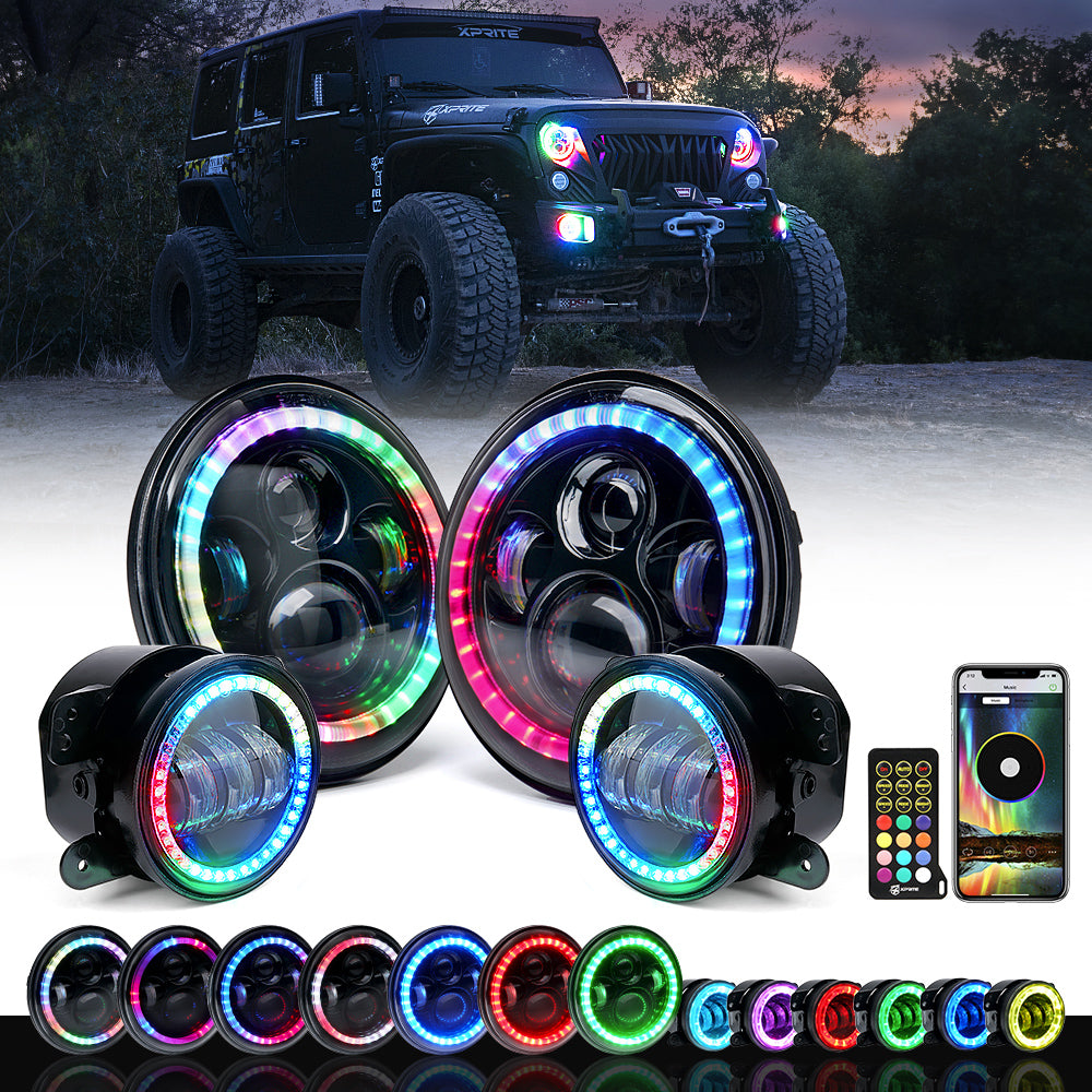 XP-JL-HL-JK-90W-G3-CHASE-KIT 7 in. Halo LED Headlight Plus Fog Light with RGB for Jeep Wrangler JK