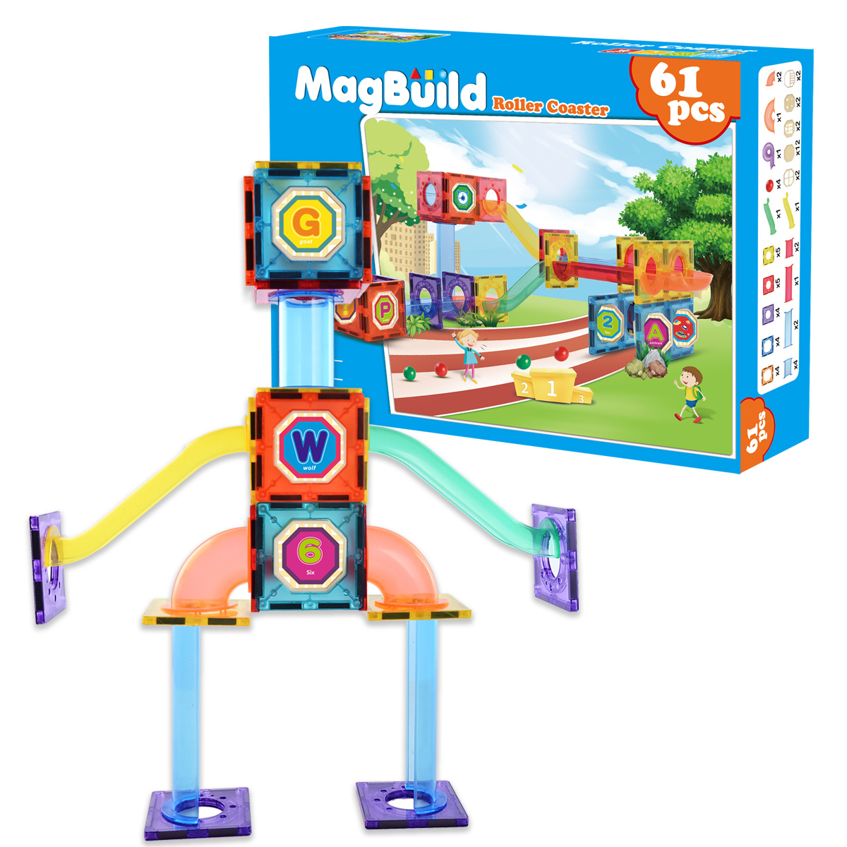 Picture of Zunammy FS1083 Roller Coaster Kids Magnetic Tile Building Block Set - 61 Piece