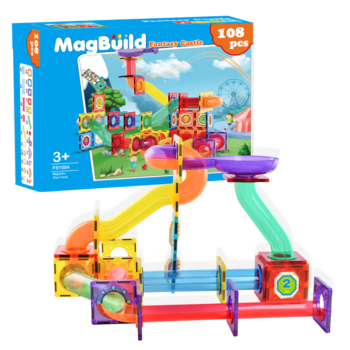 Picture of Zunammy FS1084 Kids Magnetic Tile Fantasy Castle Building Block Set - 108 Piece