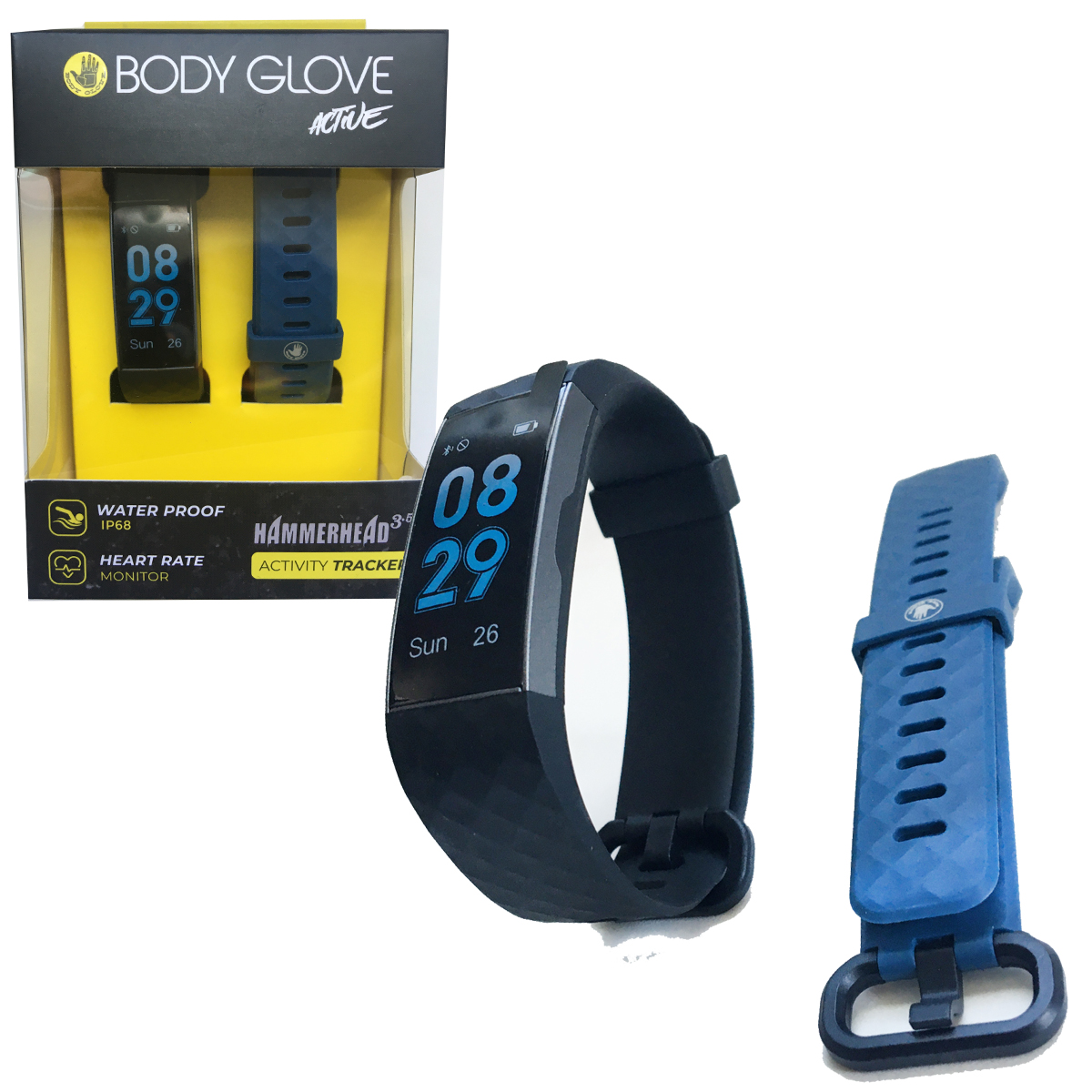 Picture of Body Glove BGTR035BK-BL-SET Body Glove Activty & Fitness Tracker & Heart Rate Monitor with Alternative Colored Extra Strap&#44; Black watch with Blue Extra Strap