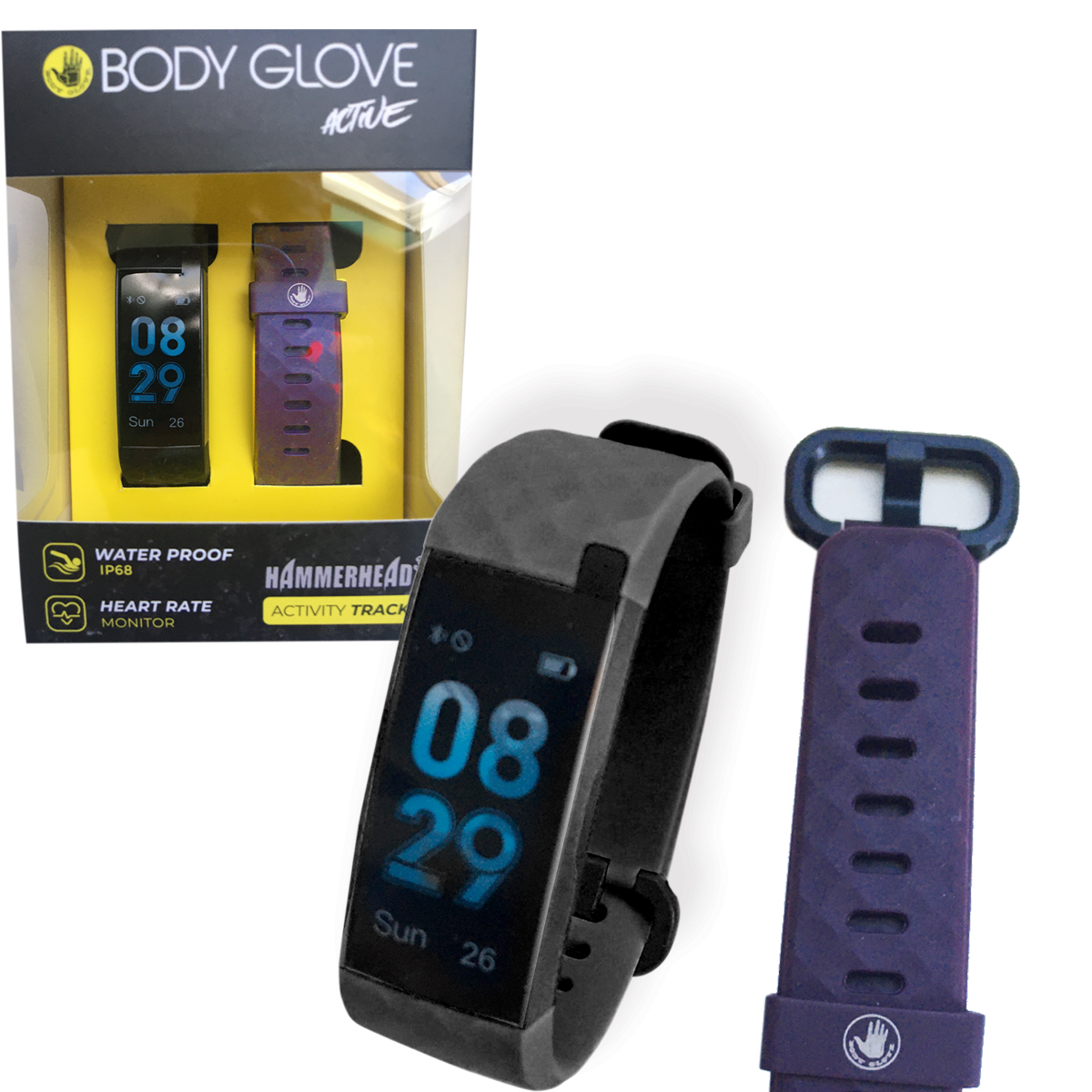 Picture of Body Glove BGTR035BK-PU-SET Body Glove Activty & Fitness Tracker & Heart Rate Monitor with Alternative Colored Extra Strap&#44; Black Watch with Purple Extra strap