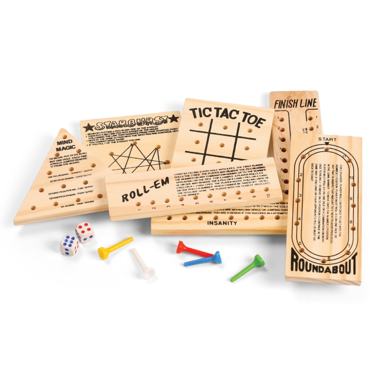 Picture of Zummy FS1168 7 Pack Mini Wood Games with Dice and Pegs&#44; Tic Tac Toe&#44; Mind Magic&#44; Starburst&#44; Finish Line&#44; Insanity&#44; Roll-Em&#44; Roundabout