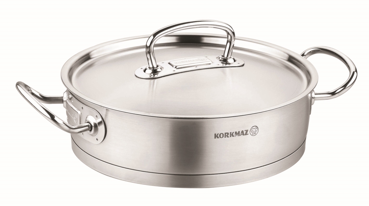 Picture of YBM Home a1172 9.4 in. Dia. x 3.9 in. Korkmaz Proline Stainless Steel Low Casserole Stockpot with Lid & Handles&#44; Silver
