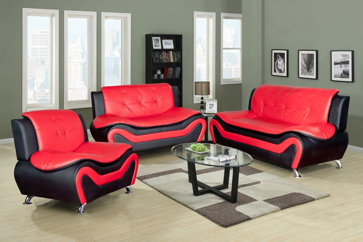 Picture of All You Can Purchase Furniture F4503 Faux Leather Living Room Sofa Set&#44; Black & Red - 3 Piece