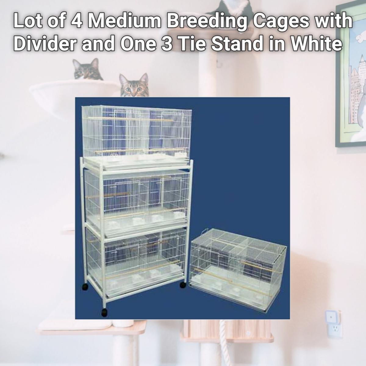 Picture of YML 4x2464WHT and 1x4164WHT Lot of 4 Medium Breeding Cages with Divider and One 3 Tie Stand in White
