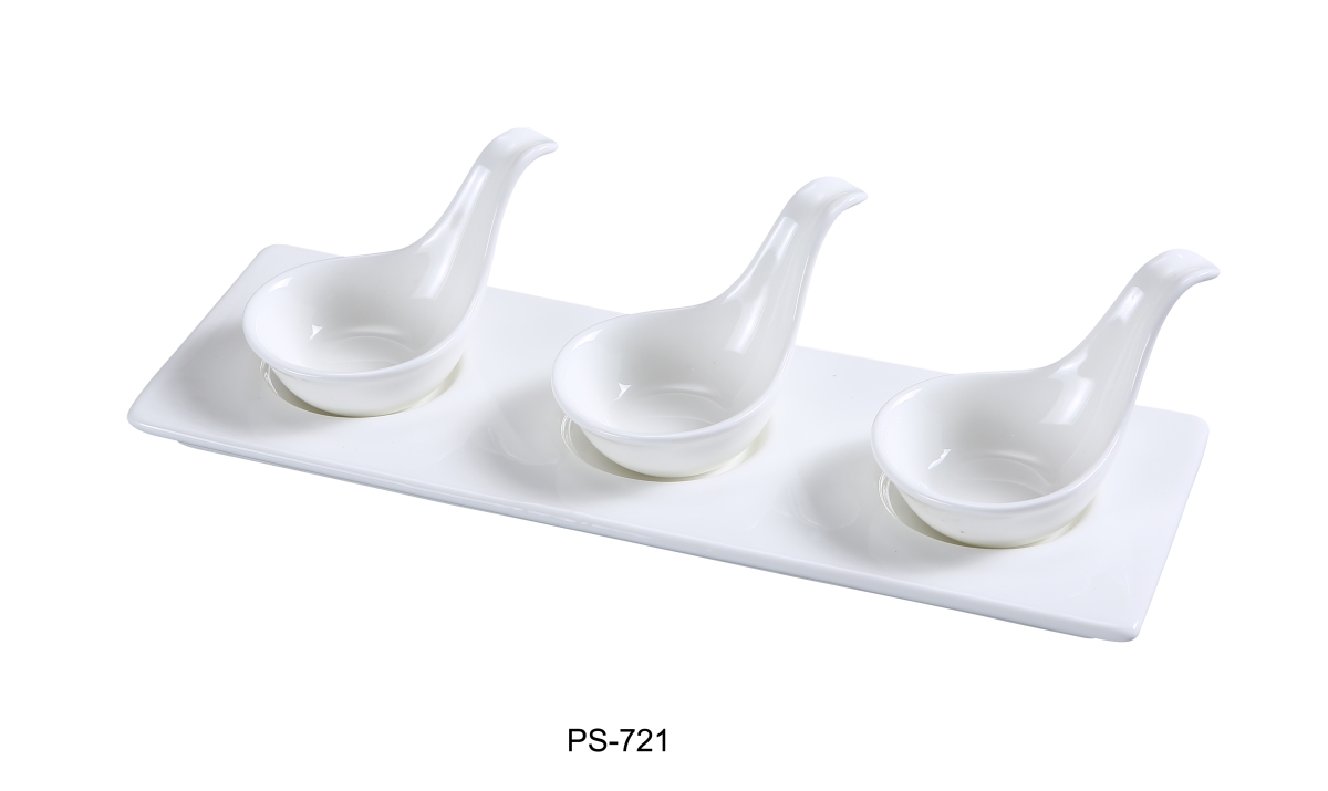 Picture of Yanco PS-721 2 x 3.5 x 10.5 in. Porcelain Three Spoon with Tray Well Set, Bone White - 2 oz - Pack of 12