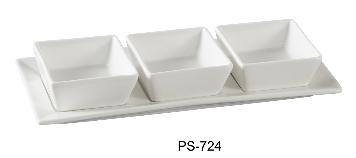 Picture of Yanco PS-724 3.25 x 4.25 x 10.25 in. Three Porcelain Square Bowl with Tray Well Set, Bone White - 3 oz - Pack of 12