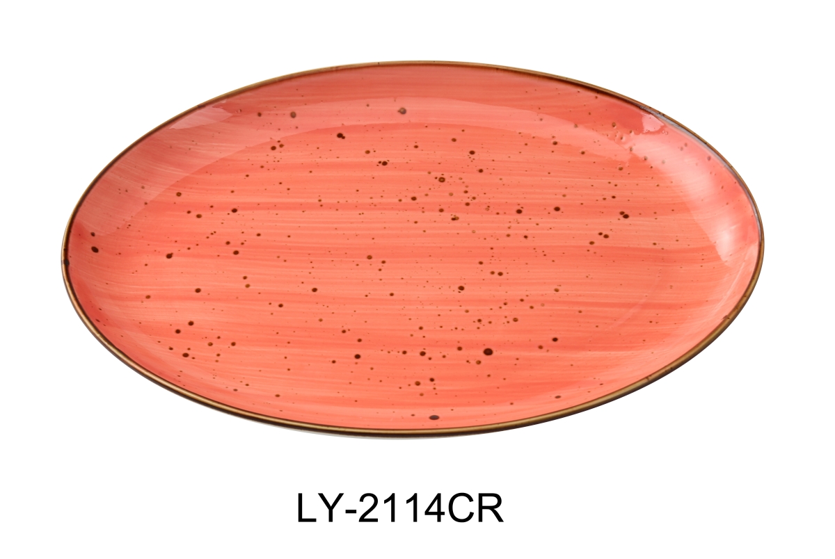 Picture of Yanco LY-2114CR Lyon 14 x 10 x 1.25 in. Coupe Platter, Coral - Porcelain - Reactive Glaze - Pack of 12