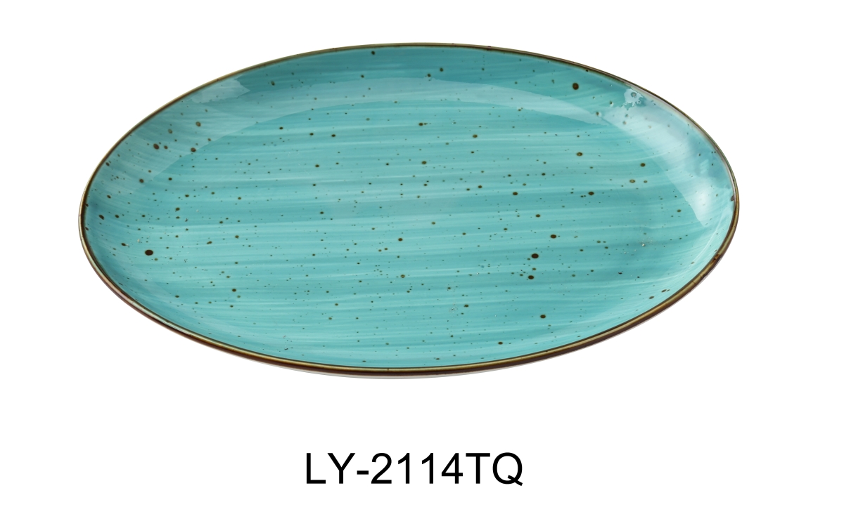 Picture of Yanco LY-2114TQ Lyon 14 x 10 x 1.25 in. Coupe Platter&#44; Turquoise - Porcelain - Reactive Glaze - Pack of 12
