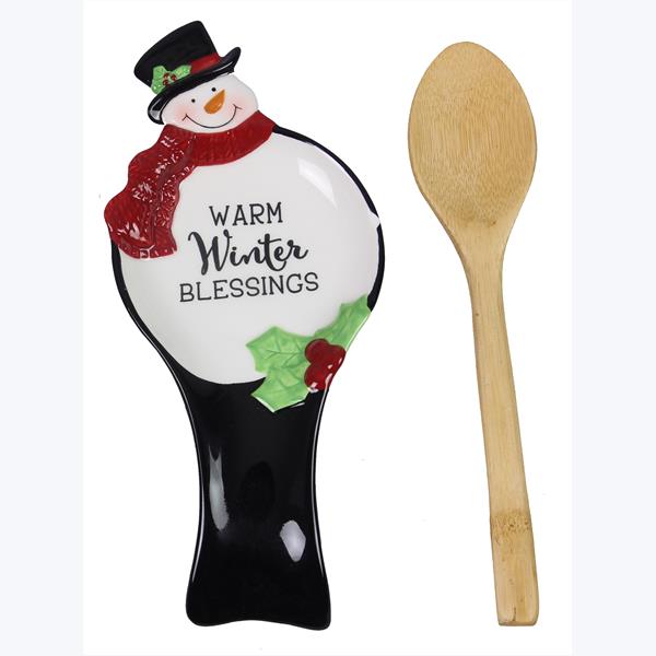 Picture of Youngs 92549 Ceramic Snowman Spoon Rest with Wood Spoon