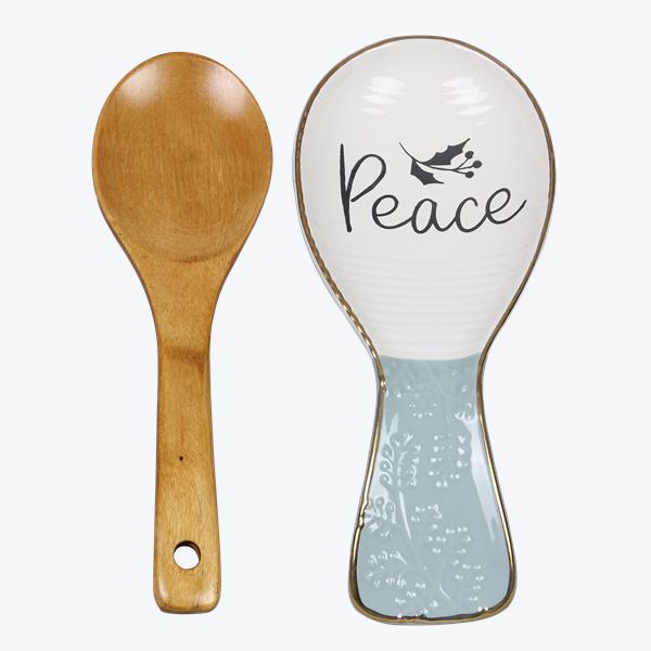 Picture of Youngs 92561 Ceramic White Winter Spoon Rest with Wood Spoon