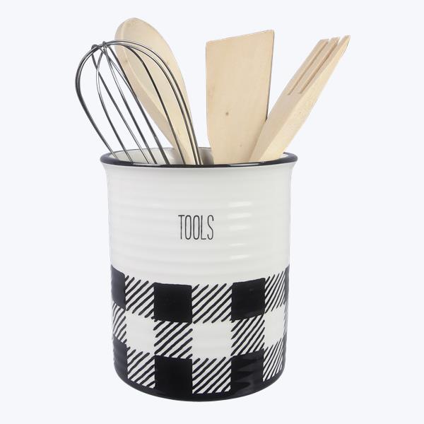 Picture of Youngs 21076 Ceramic Buffalo Plaid Kitchen Tool Holder with Tools&#44; Black & White