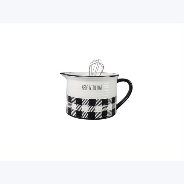 Picture of Youngs 21199 10 x 8.5 x 5.38 in. Ceramic Black & White Buffalo Plaid Mixing Bowl with Whisk