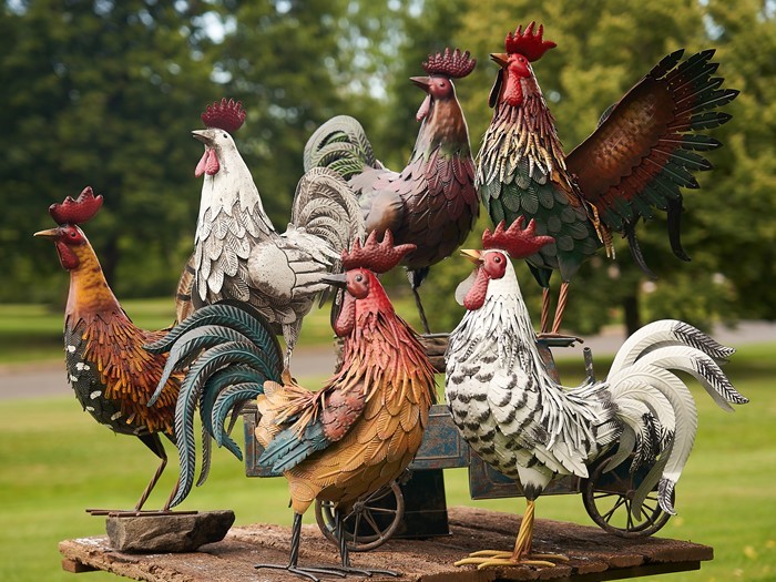 Picture of Zaer ZR160890 Assorted Style Galvanized Iron Rooster Figurines - Set of 6