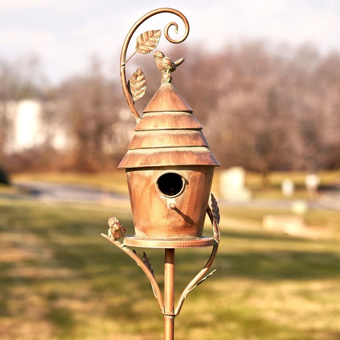 ZR192025-A Saran Stake Mary Birdhouse, Antique Copper