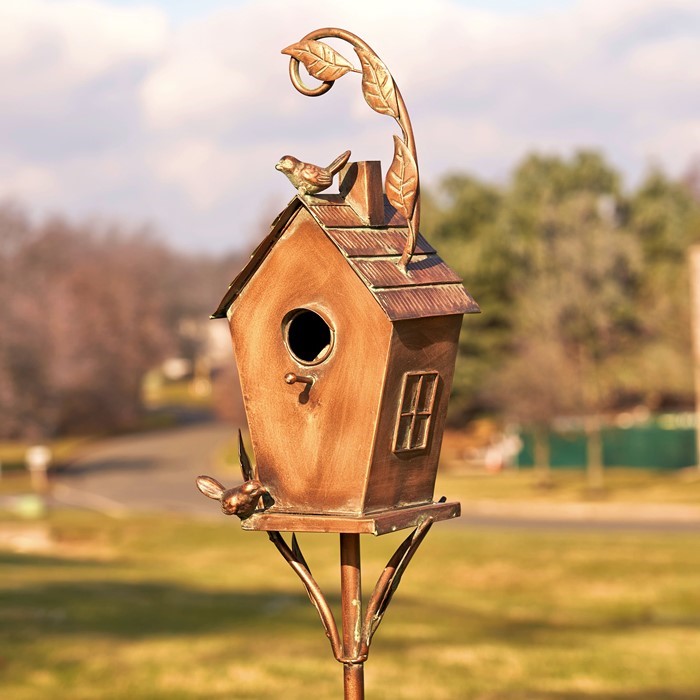 ZR192025-B Saran Birdhouse Holly Stake, Antique Copper