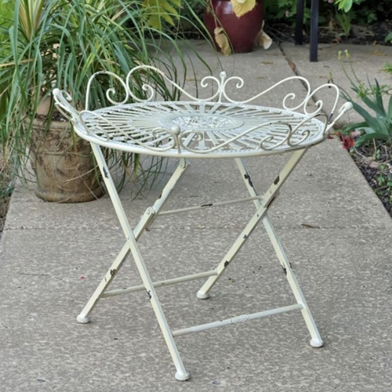 ZR090519-AW Stephania Victorian Folding Iron Garden Table, Antique White