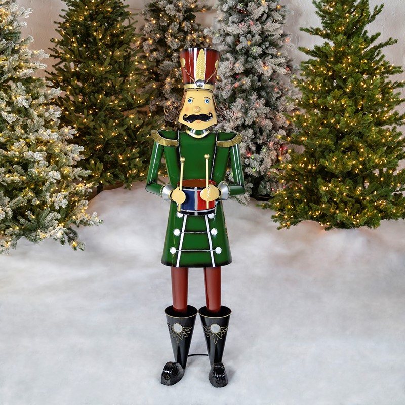 Iron Christmas Nutcracker Leo Holding Drum, Green
