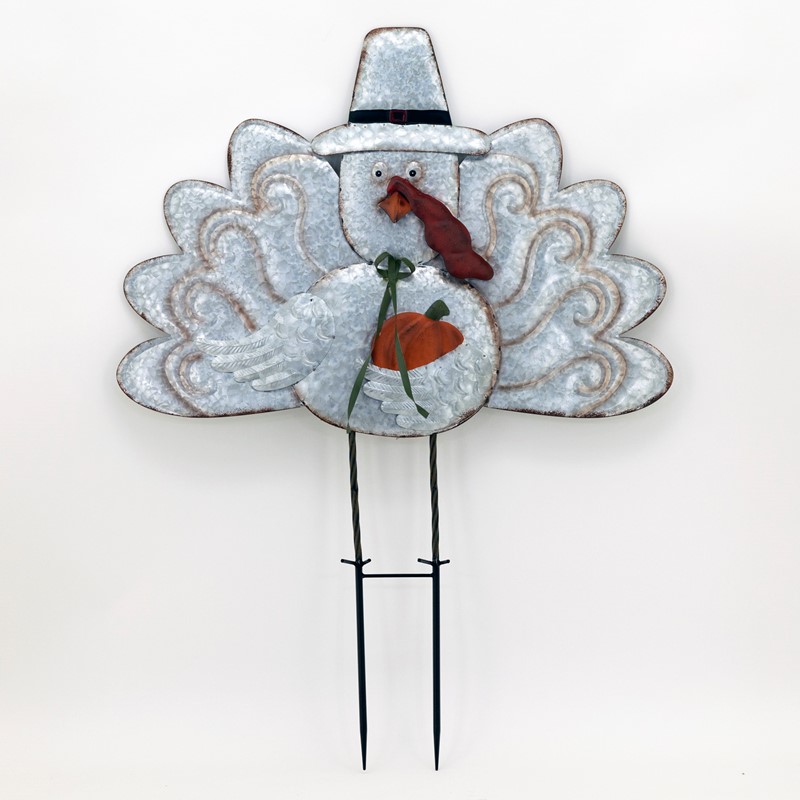 ZR170512 Galvanized Thanksgiving Turkey Flat Garden Stake, Large