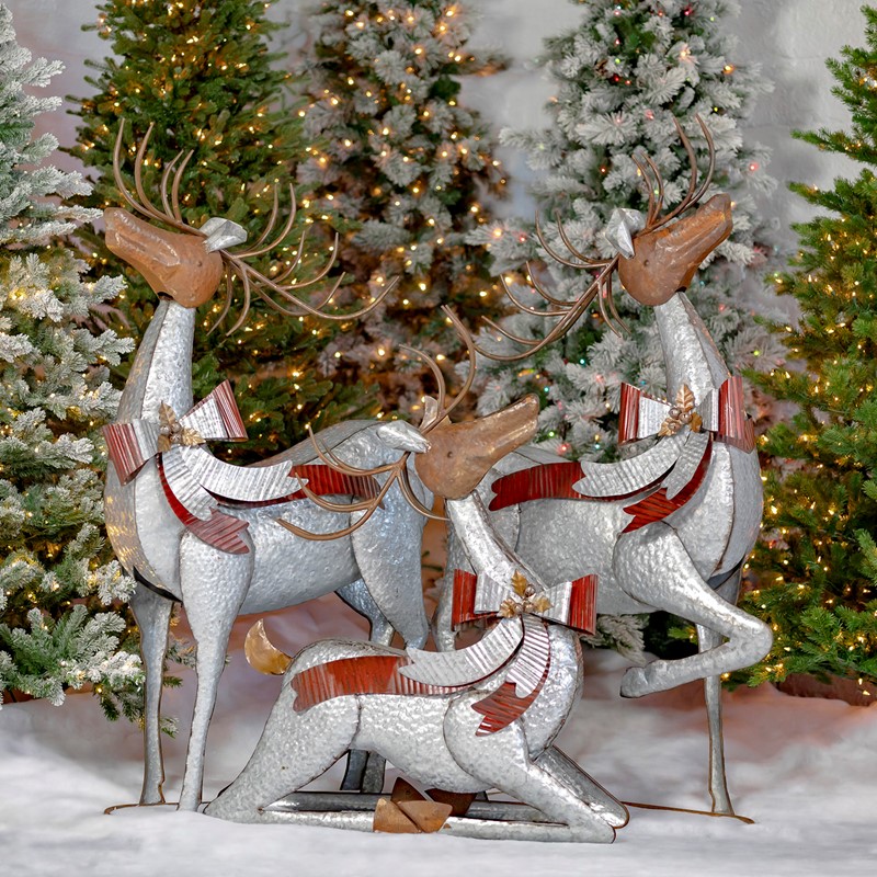 Picture of Zaer ZR170827 39.75 x 15 x 61.80 in. Galvanized Reindeer with Bows & Bells&#44; Large - Set of 3