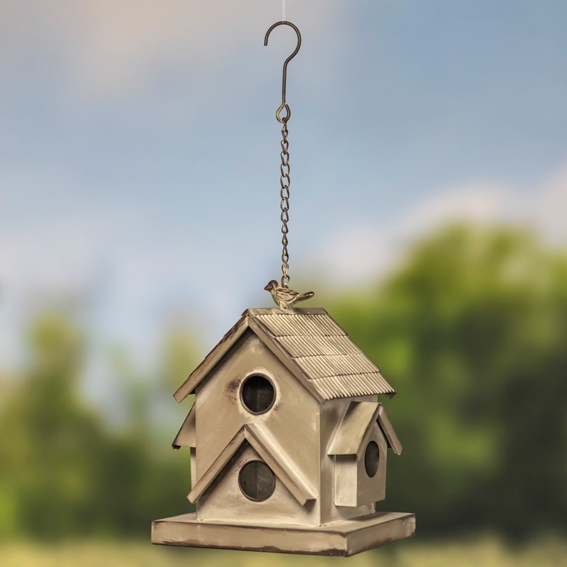 Picture of Zaer ZR175618-GV2 9.25 x 7.5 x 10.25 in. Hanging Galvanized Birdhouse&#44; Country Cottage