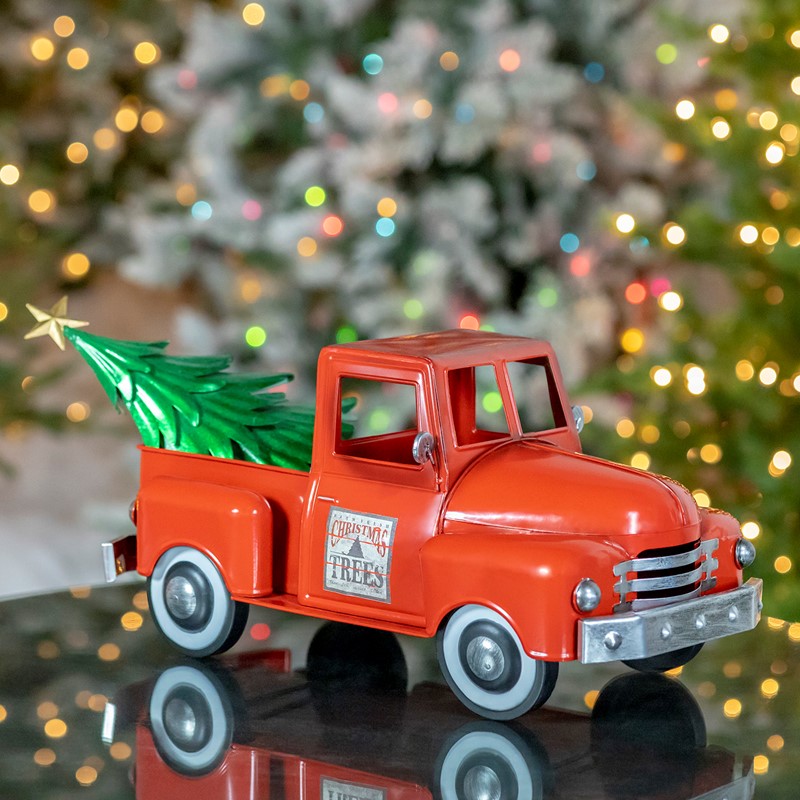 ZR201160-RD Iron Christmas Old Style Truck with Tree, Glossy Red